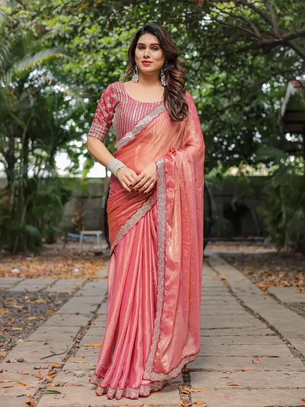 Noir & Grace Rose Gold Fandy Chiffon Saree with Sequin Lace & Embroidered Blouse