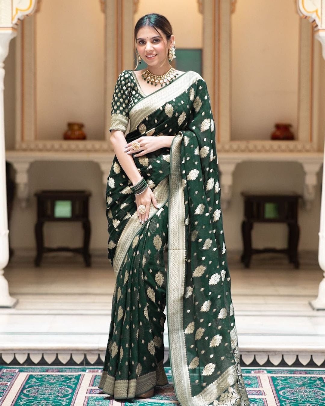 Noir & Grace Green Color Sreee With Blouse || Saree For Women || Trending Saree For Women || Bollywood Stylish Fancy Party Wear Wedding Festive Bridal Sari || Banarasi saree || Kanjiavaram saree || Silk saree || Pure silk saree