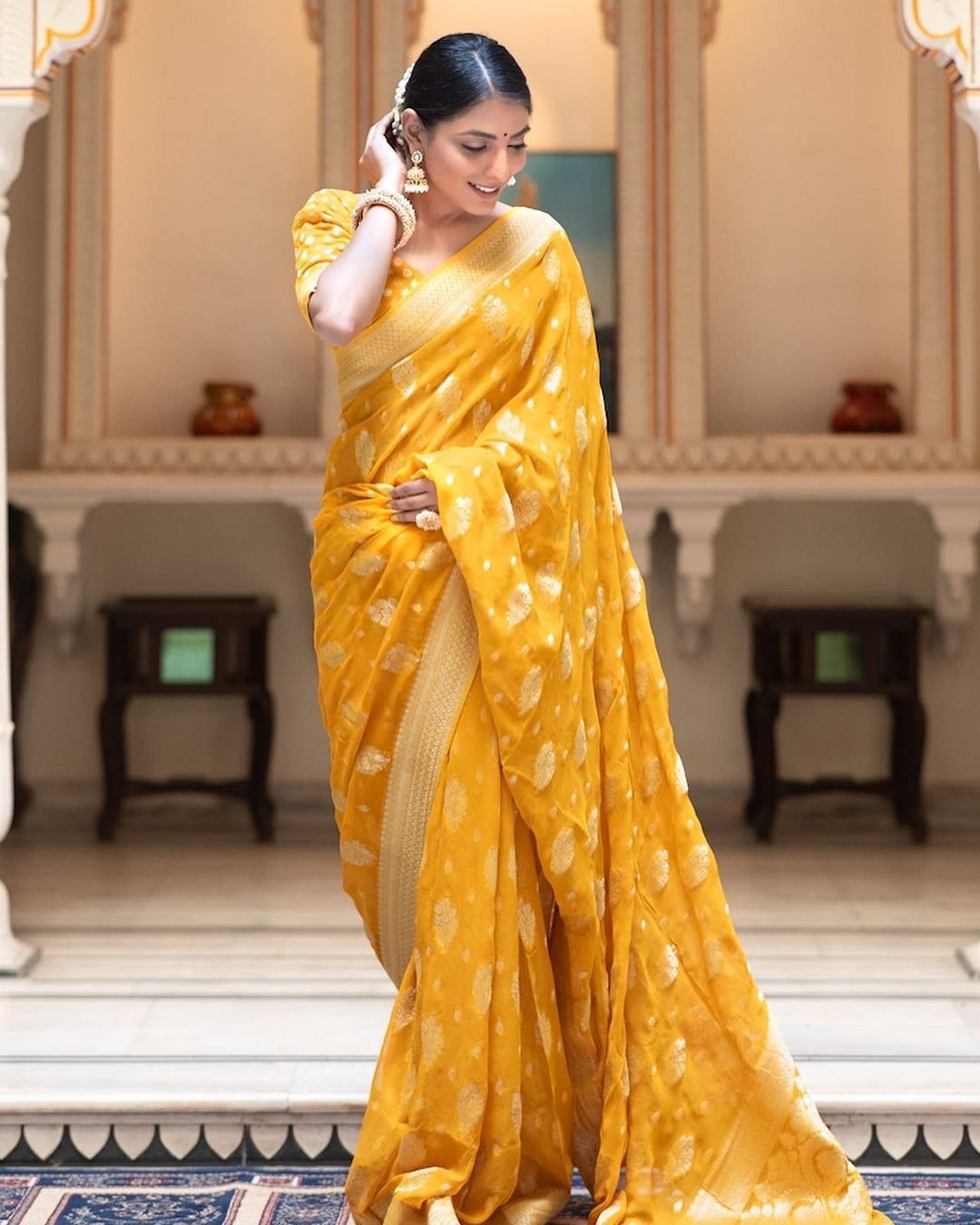 Noir & Grace Yellow Color Sreee With Blouse || Saree For Women || Trending Saree For Women || Bollywood Stylish Fancy Party Wear Wedding Festive Bridal Sari || Banarasi saree || Kanjiavaram saree || Silk saree || Pure silk saree