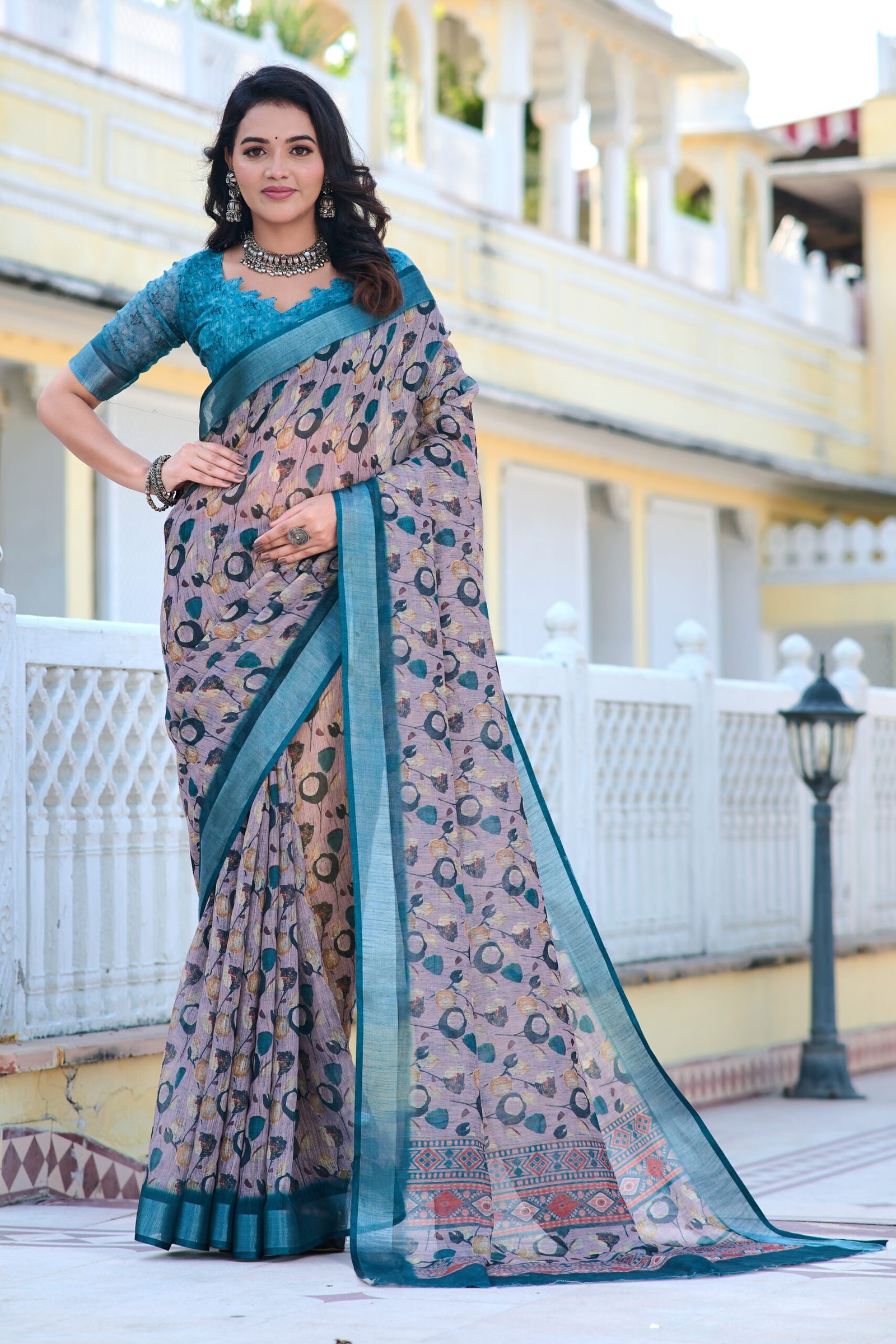 Noir & Grace Grey Cotton Linen Saree with Elegant Digital Print & Unstitched Blouse