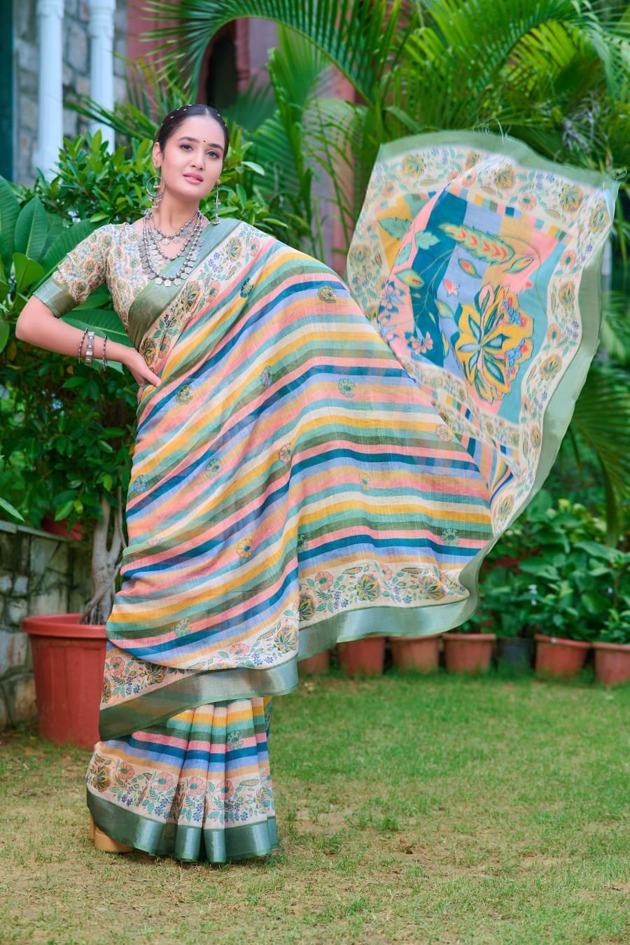 Noir & Grace Multi-Color Cotton Linen Saree with Designer Digital Print & Blouse Piece
