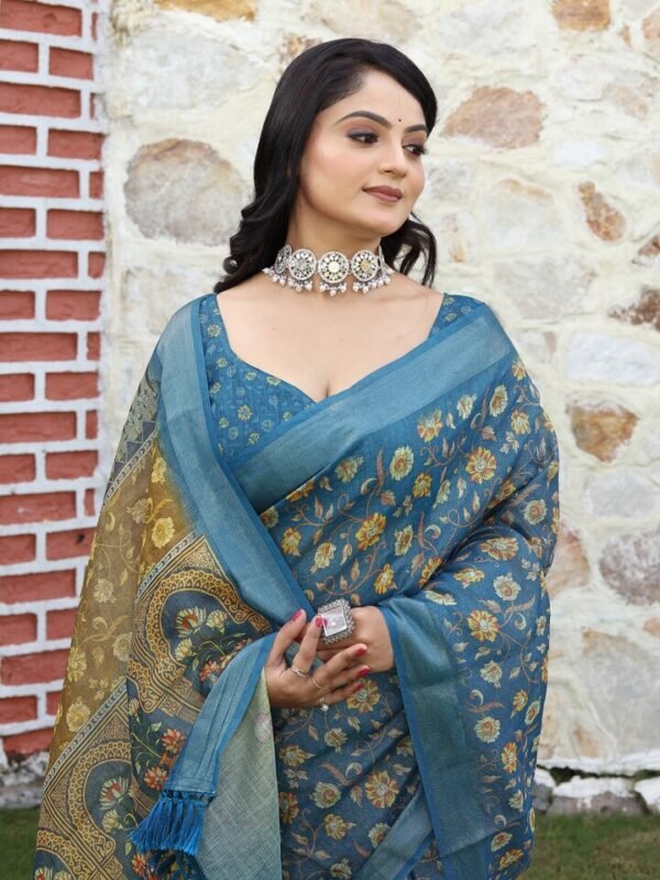 Noir & Grace Fancy Tissue Cotton Saree with Zari Work & Digital Print | Party Wear Saree with Matching Digital Print Blouse