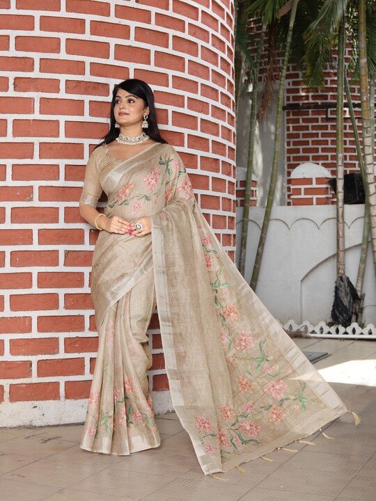 Noir & Grace Designer Tissue Cotton Saree with Zari Work & Digital Print | Party Wear Saree with Blouse Piece & Tassels