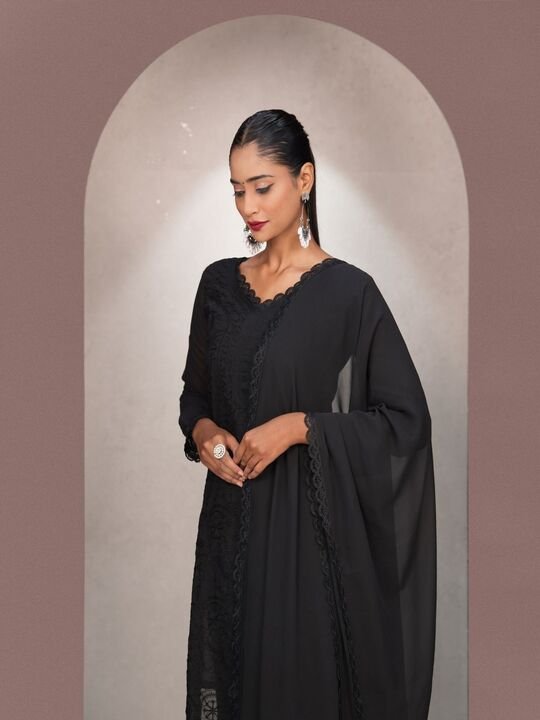 Classic Black Georgette Chikankari Embroidered Long Suit with Dupatta – Women’s Festive & Party Wear