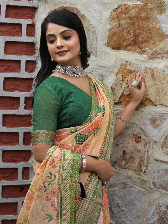 Noir & Grace Fancy Tissue Cotton Saree with Zari Work & Floral Digital Print | Party Wear Saree with Tassels & Matching Blouse Piece