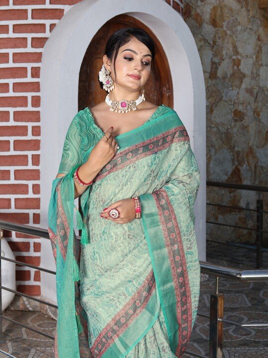 Noir & Grace Fancy Tissue Cotton Saree with Zari Work & Floral Digital Print | Party Wear Saree with Tassels & Matching Blouse Piece