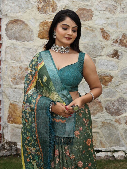 Noir & Grace Fancy Tissue Cotton Saree with Zari Work & Floral Digital Print | Party Wear Saree with Tassels & Matching Blouse Piece