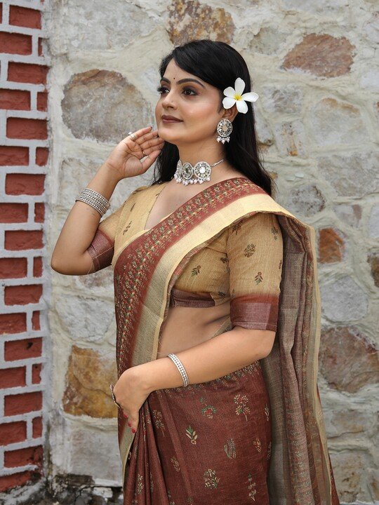 Noir & Grace Fancy Tissue Cotton Saree with Zari Work & Floral Digital Print | Party Wear Saree with Tassels & Matching Blouse Piece