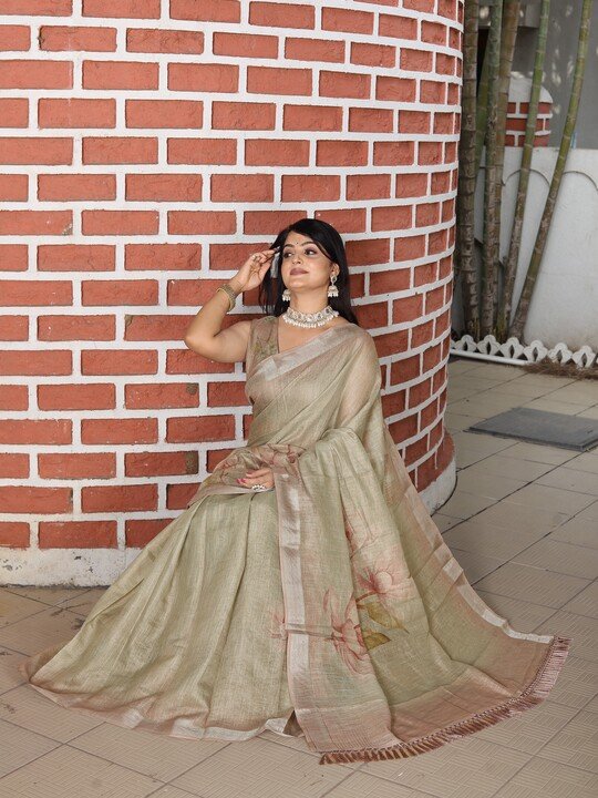 Noir & Grace Fancy Tissue Cotton Saree with Zari Work & Floral Digital Print | Party Wear Saree with Tassels & Matching Blouse Piece