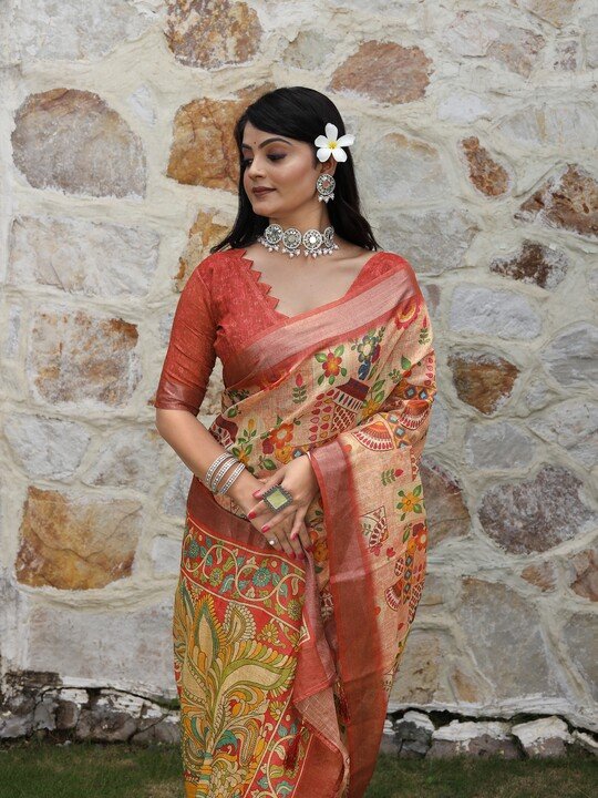 Noir & Grace Fancy Tissue Cotton Saree with Zari Work & Floral Digital Print | Party Wear Saree with Tassels & Matching Blouse Piece