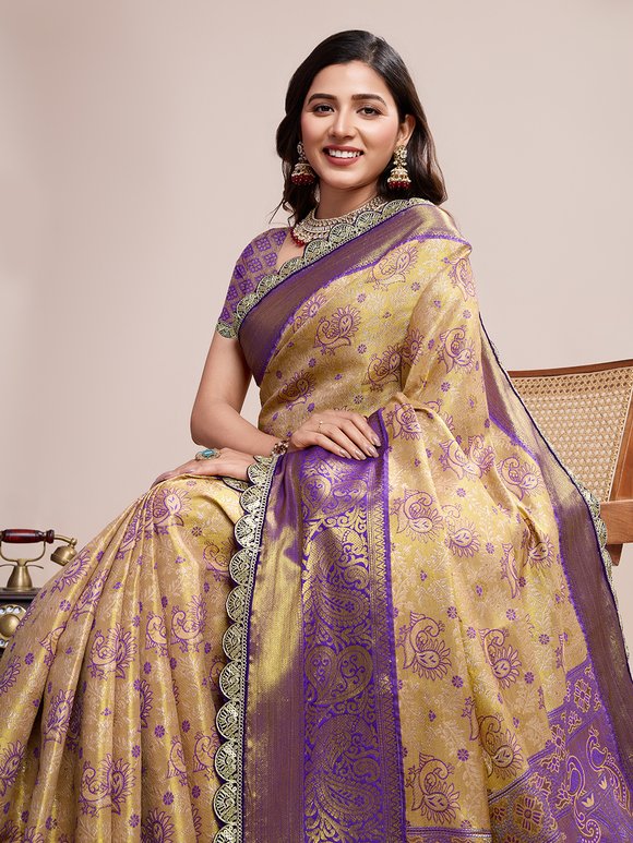 Noir & Grace Enchanting Gold and Purple Semi Silk Kanjivaram Saree with Rich Zari Weave | Perfect for Weddings & Festive Celebrations