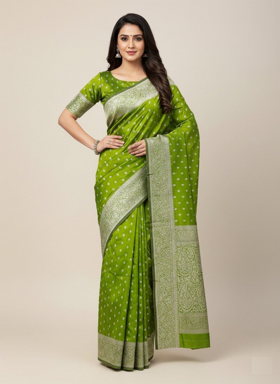 Noir & Grace Mehndi Green Soft Lichi Silk Saree with Rich Pallu & All Over Jacquard Work | Elegant Banarasi Style Wedding & Party Wear Saree with Blouse Piece (Copy)