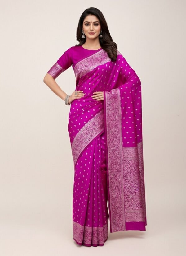 Noir & Grace Pink Soft Lichi Silk Saree with Rich Pallu & All Over Jacquard Work | Elegant Banarasi Style Wedding & Party Wear Saree with Blouse Piece