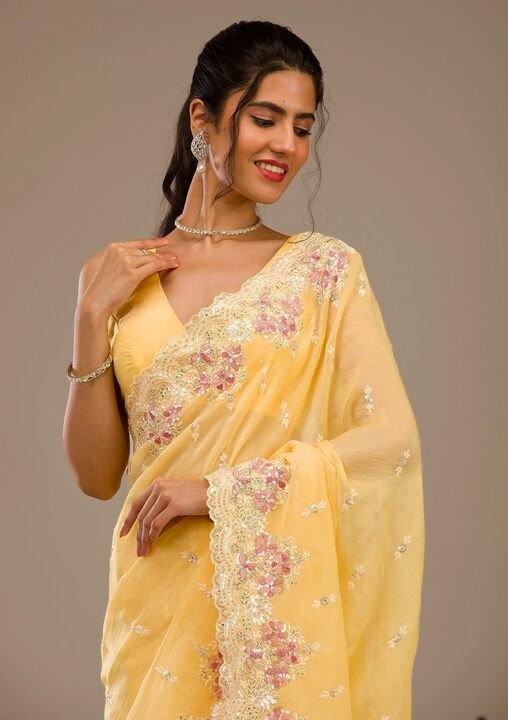 Noir & Grace Graceful Yellow Embroidered Saree with Sequins & Fancy Cutwork Border – Premium Crunchy Fabric