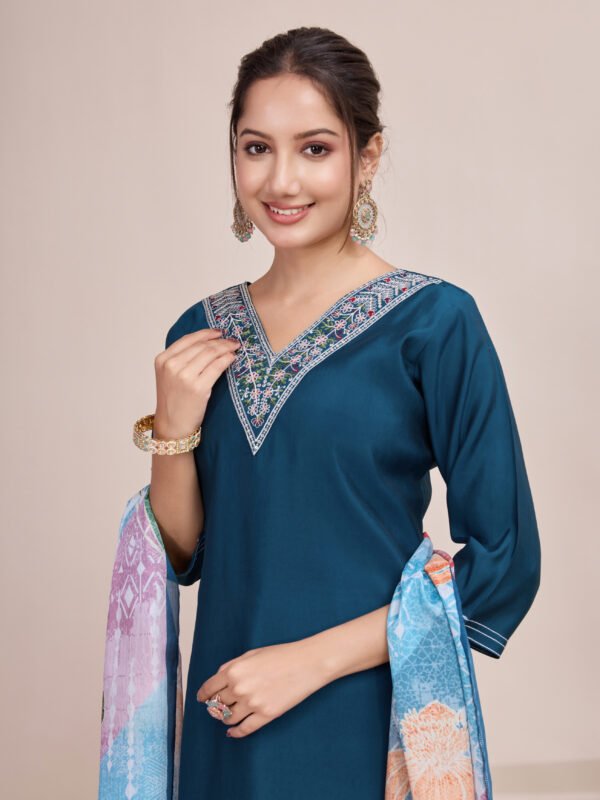 Noir & Grace Elegant Blue Chanderi Embroidered Kurta Set (Kurta, Palazzo & Dupatta)