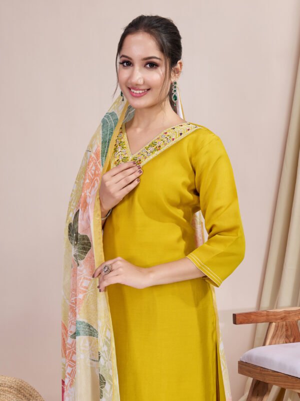 Noir & Grace Elegant Yellow Chanderi Embroidered Kurta Set (Kurta, Palazzo & Dupatta)