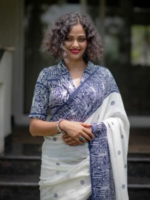White and Blue Linen Saree with Digital Print and Matching Blouse