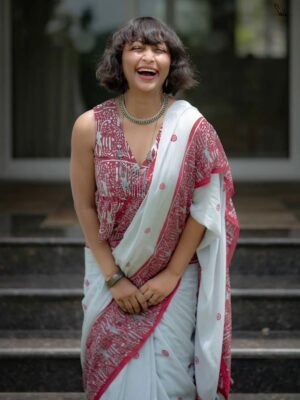 White and Red Linen Saree with Digital Print and Matching Blouse