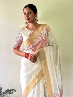 White Linen Cotton Saree with Red Digital Print and Matching Blouse