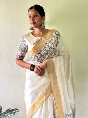 White and Black Linen Saree with Digital Print and Matching Blouse