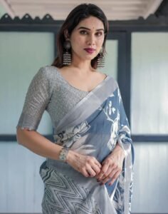 Noir & Grace Exclusive Linen Cotton Saree with Silver Weaving Patta & Digital Floral Print | Unstitched Blouse Included