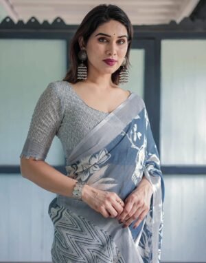 Steel Blue Linen Cotton Saree with Silver Weaving Patta and Digital Floral Print | Unstitched Blouse Included