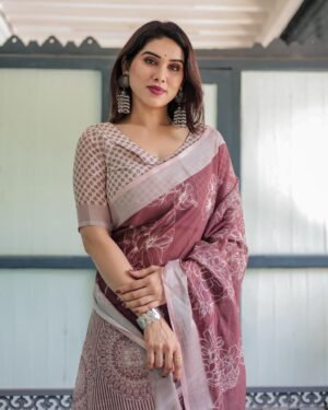 Maroon Linen Cotton Saree with Silver Weaving Patta and Digital Floral Print | Unstitched Blouse Included