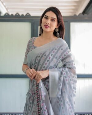 Grey Linen Cotton Saree with Silver Weaving Patta and Digital Floral Print | Unstitched Blouse Included