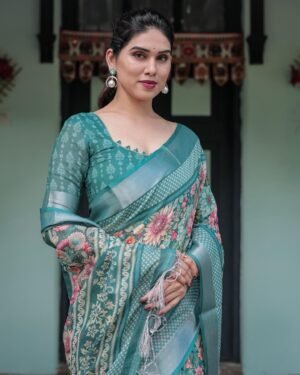 Teal Green Linen Cotton Saree with Silver Weaving Patta and Digital Floral Print | Unstitched Blouse Included