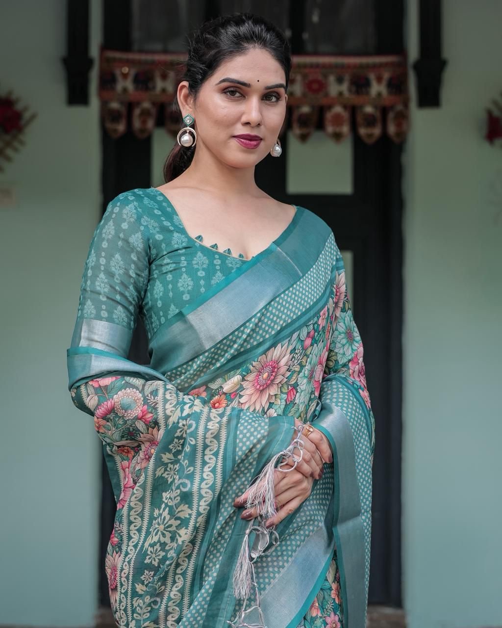 Noir & Grace Exclusive Linen Cotton Saree with Silver Weaving Patta & Digital Floral Print | Unstitched Blouse Included