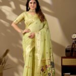 Pista green Paithani cotton saree with Banarasi zari border - Noir & Grace