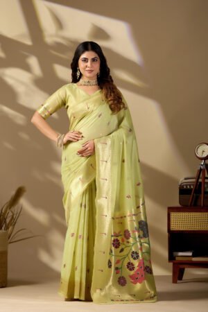 Pista green Paithani cotton saree with Banarasi zari border - Noir & Grace