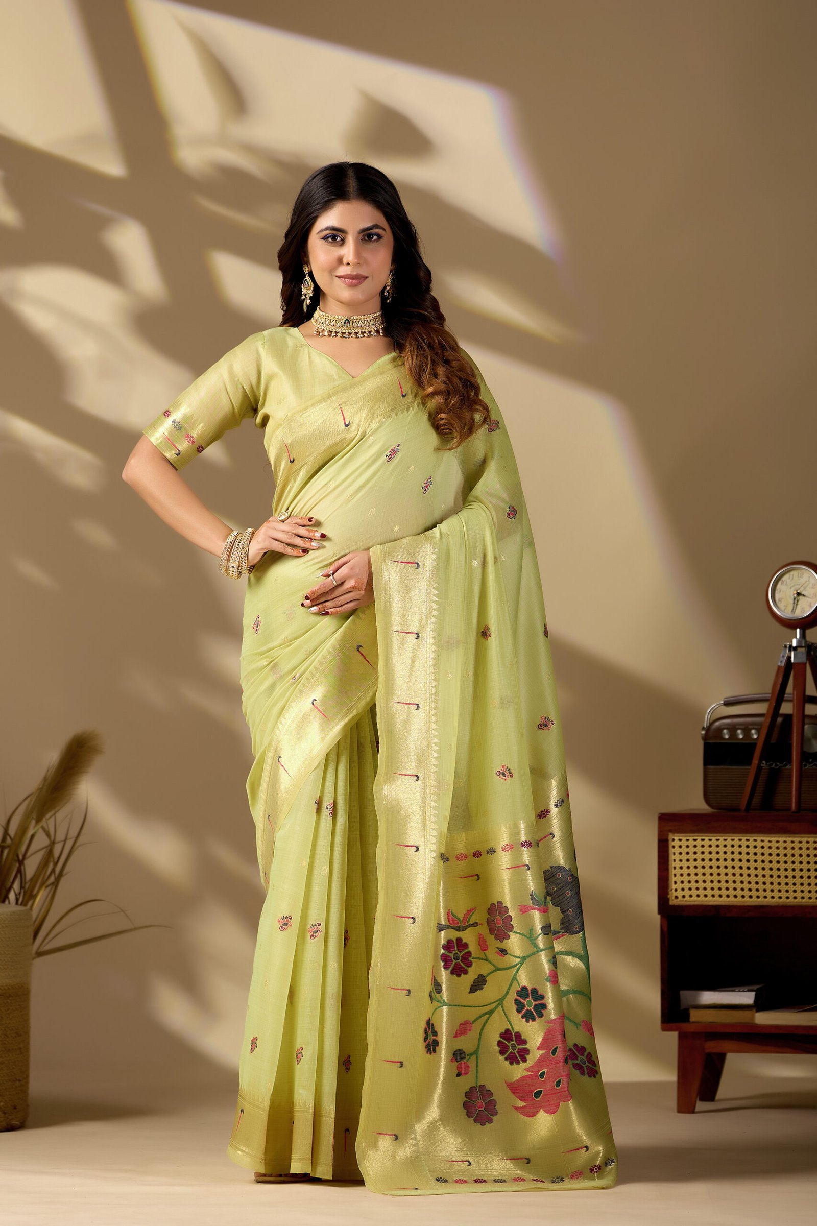 Pista green Paithani cotton saree with Banarasi zari border - Noir & Grace