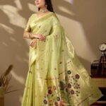 Pista green Paithani cotton saree with gold zari floral butis