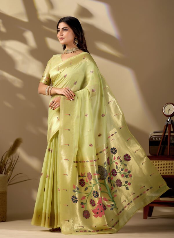 Pista green Paithani cotton saree with gold zari floral butis