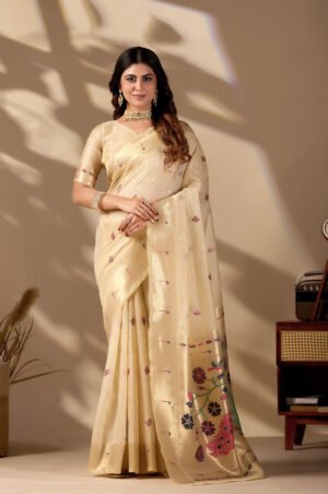 Cream Cotton Saree with Banarasi-Paithani Fusion Jacquard Border and Pallu