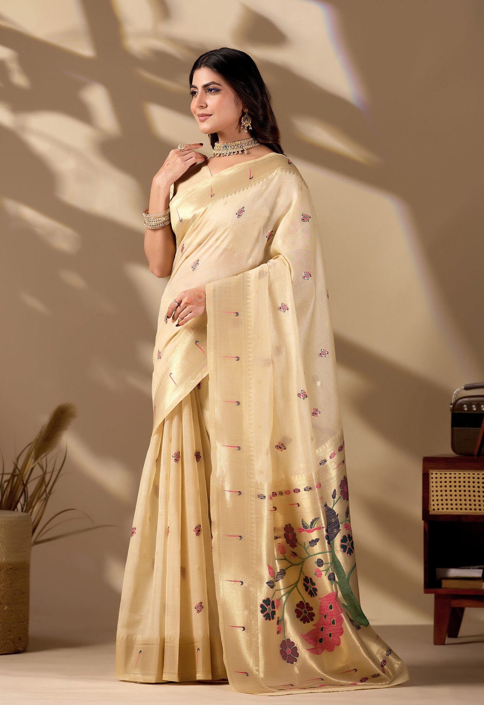 Cream Cotton Saree by Noir and Grace