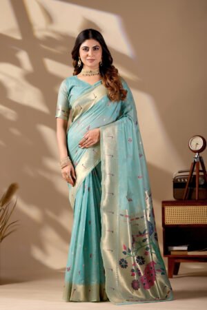 Sky Blue Cotton Paithani Saree with Banarasi-Paithani Fusion Jacquard Border and Pallu
