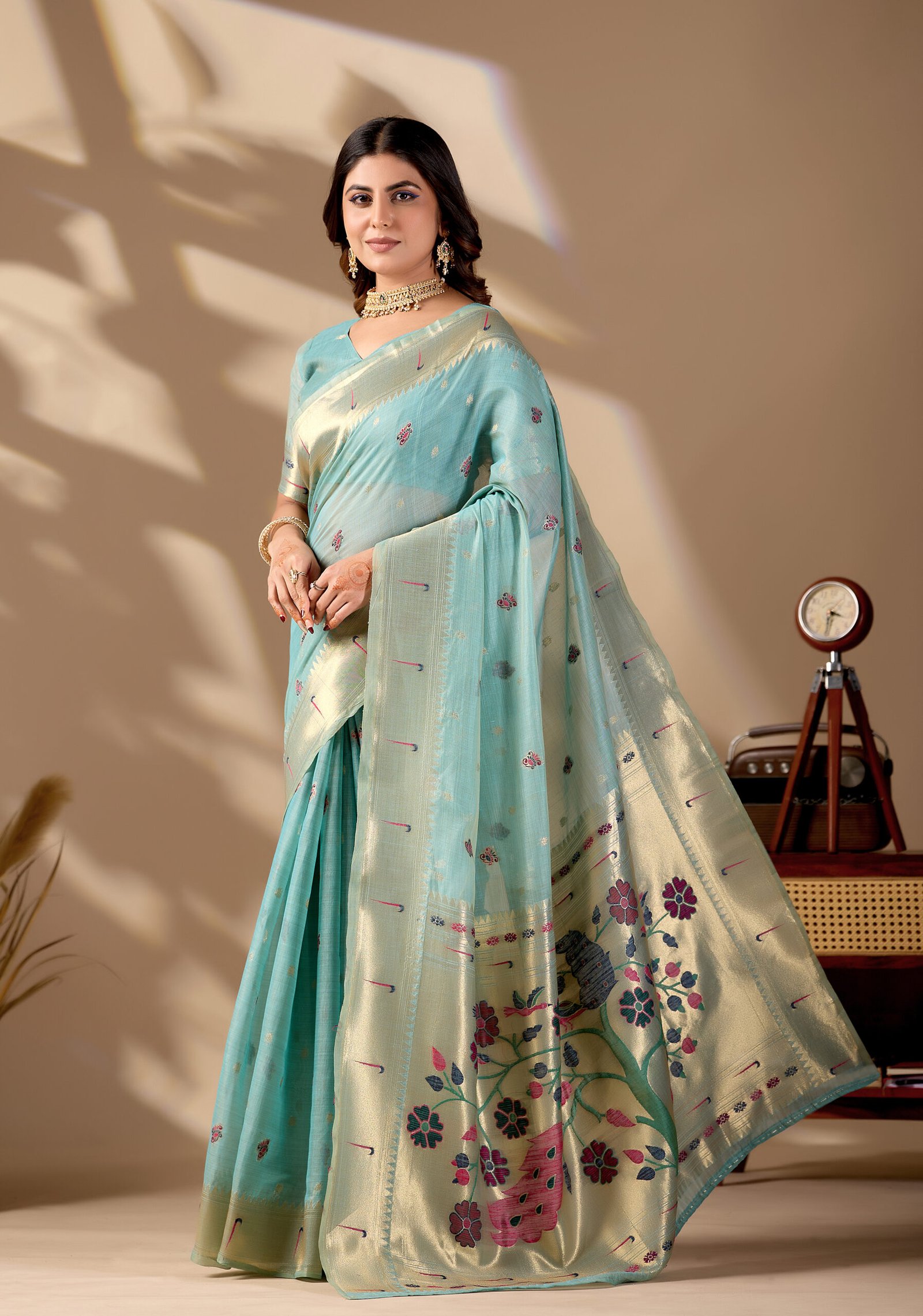 Sky Blue Cotton Paithani Saree by Noir and Grace