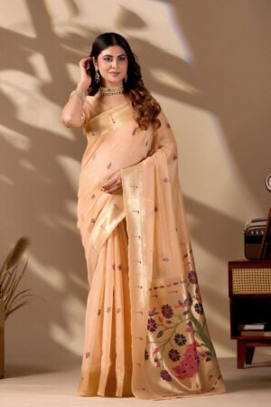Peach Cotton Paithani Saree with Banarasi-Paithani Fusion Jacquard Border and Pallu