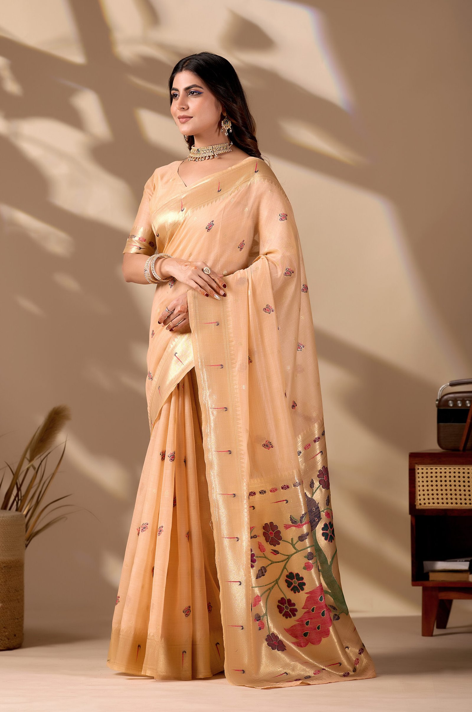 Peach Cotton Paithani Saree by Noir and Grace