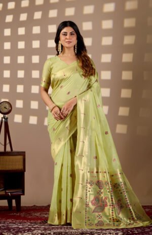 Pista Green Banarasi Cotton Saree by Noir and Grace