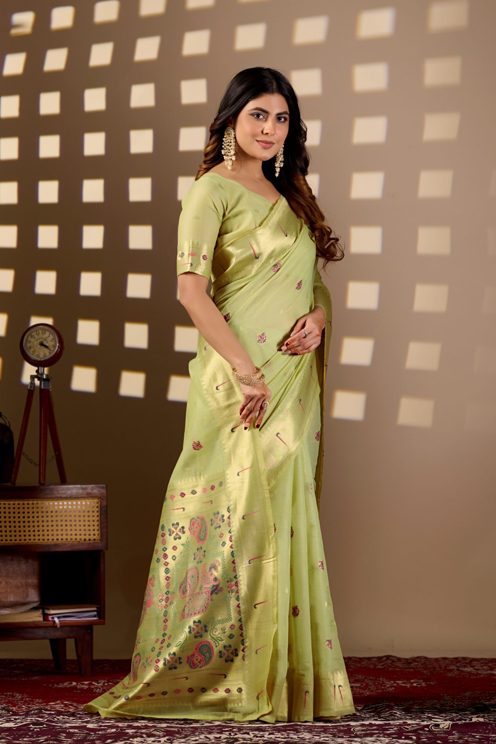Pista Green Banarasi Cotton Saree by Noir and Grace