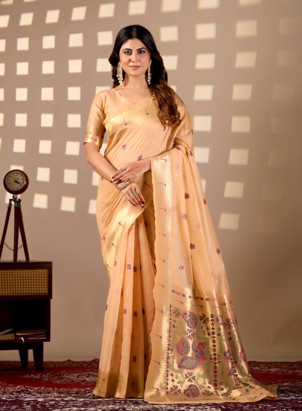 Peach Banarasi Cotton Saree by Noir and Grace