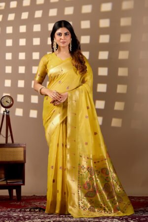 Yellow Paithani Cotton Saree by Noir and Grace
