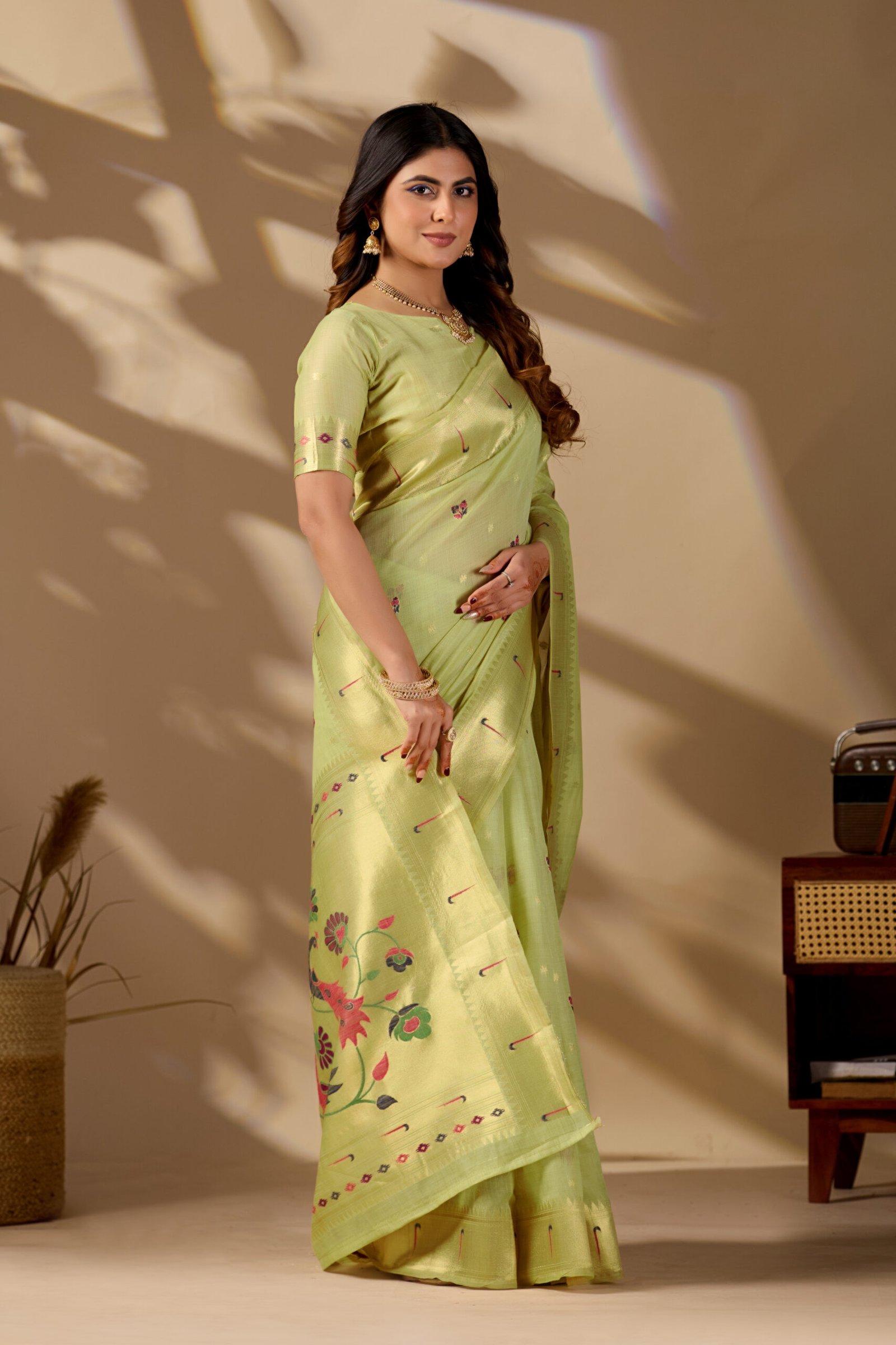 Pista Green Paithani Cotton Saree with peacock pallu by Noir and Grace