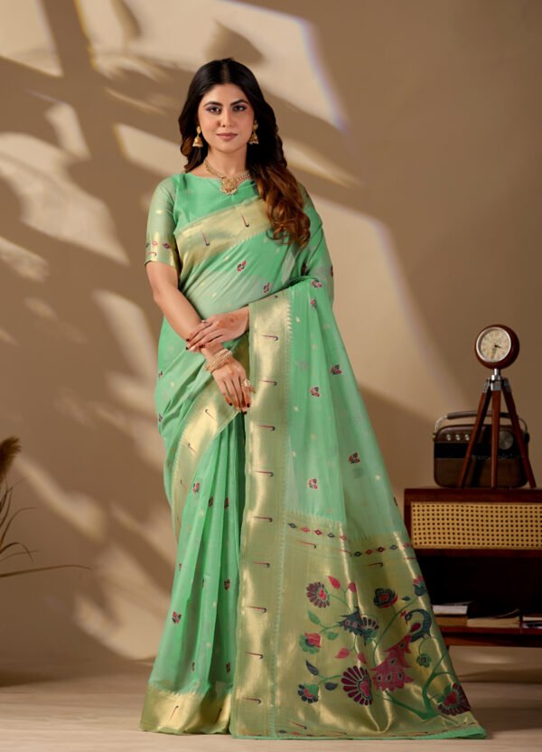 Sea Green Banarasi Cotton Saree by Noir and Grace