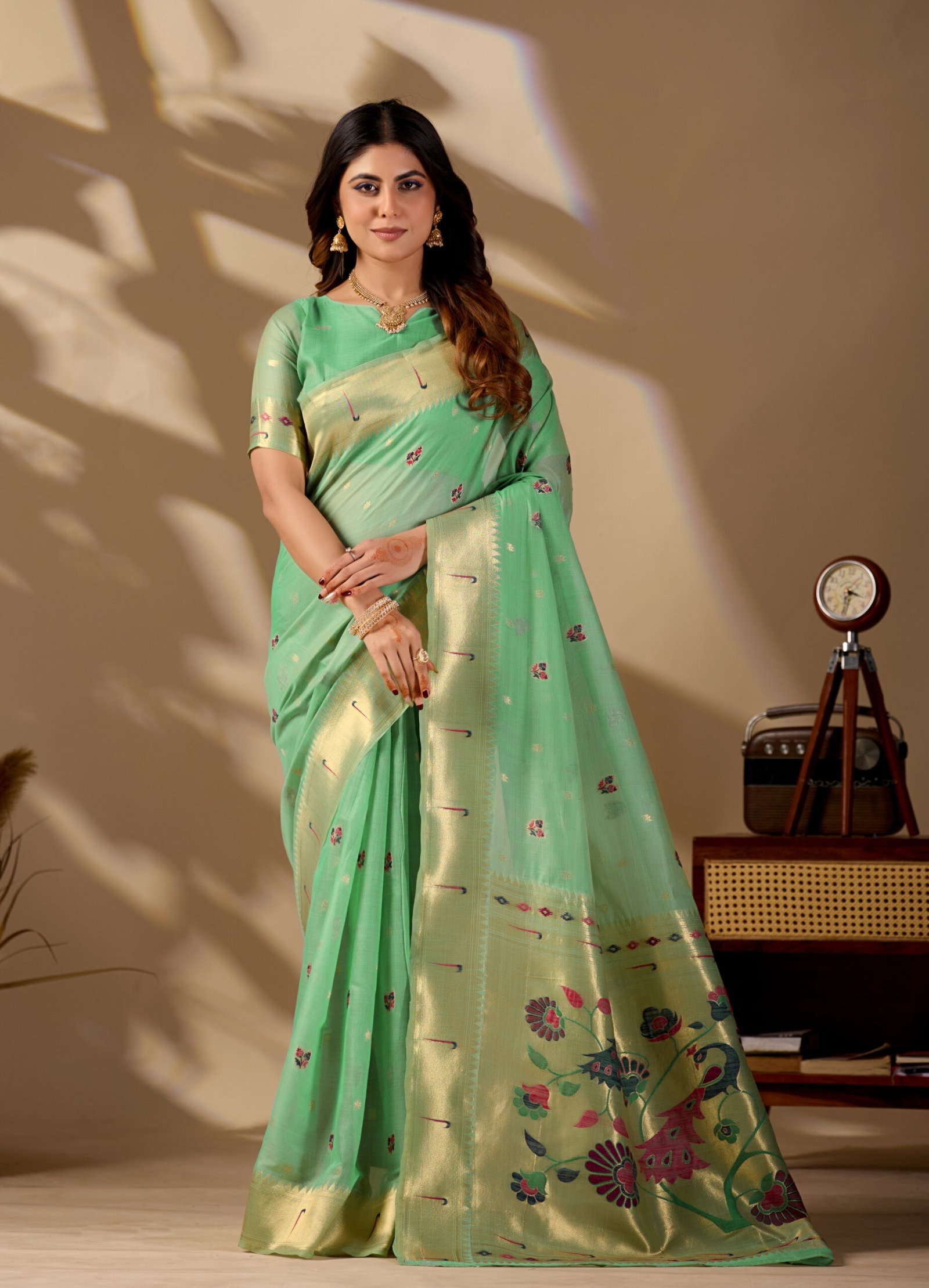 Sea Green Banarasi Cotton Saree by Noir and Grace