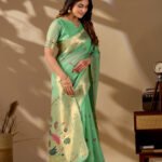 Sea Green Banarasi Cotton Saree - view 3