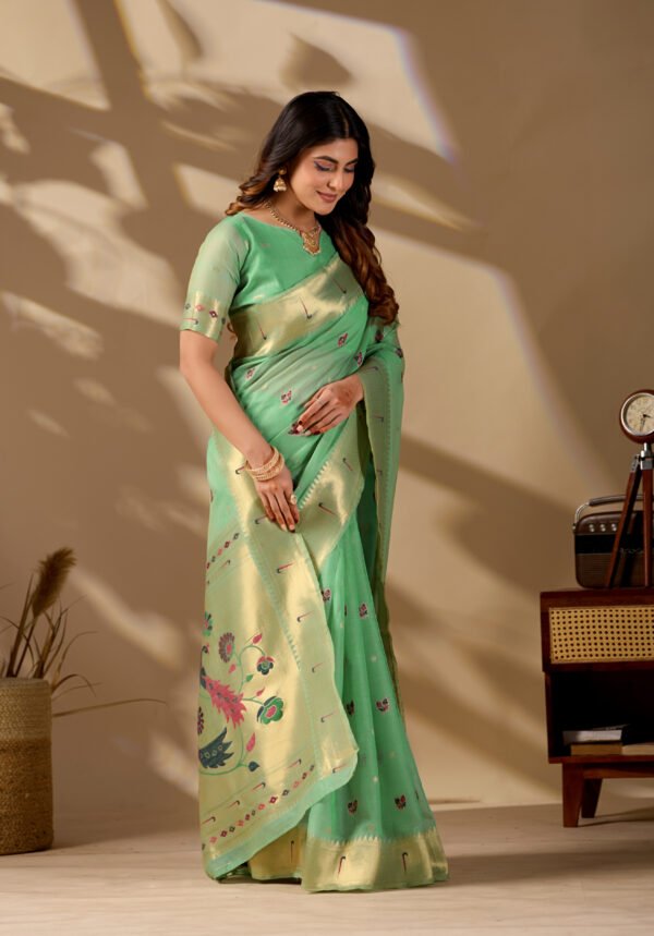 Sea Green Banarasi Cotton Saree - view 3